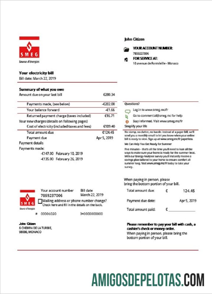 realista Modelo de conta de serviços públicos de eletricidade SMEG de Mônaco em formato Word e PDF